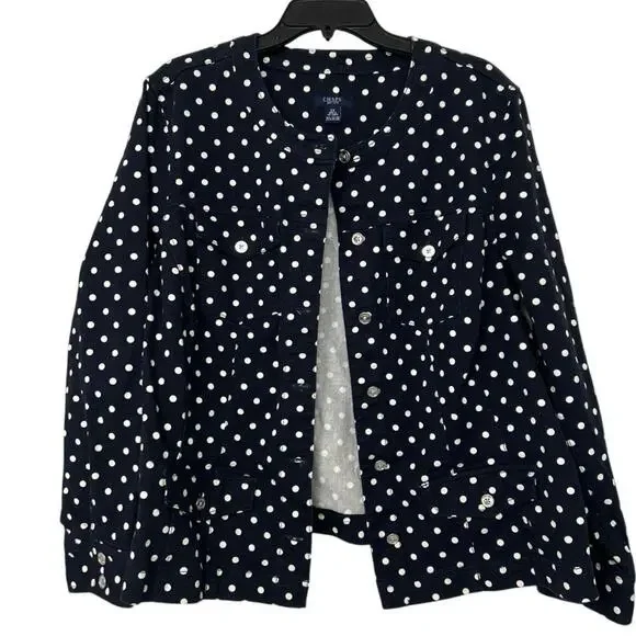 Chaps Navy Blue White Polka Dot Flat Collar Cotton Stretch Denim Jacket Size 2X - Picture 3 of 12
